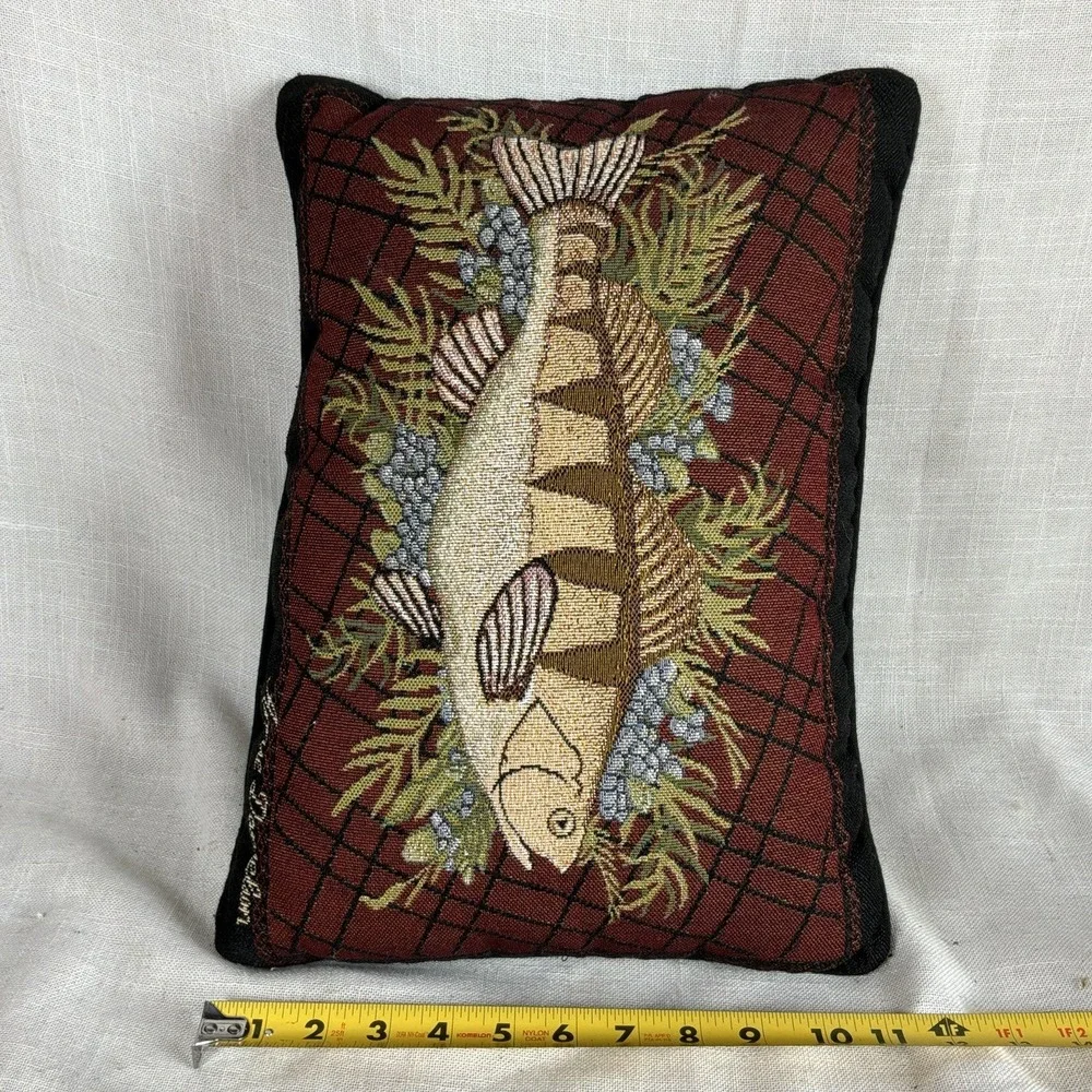 VTG Annie Danielson Tapestry Throw Pillow Trout Fish Lake Cabin EUC